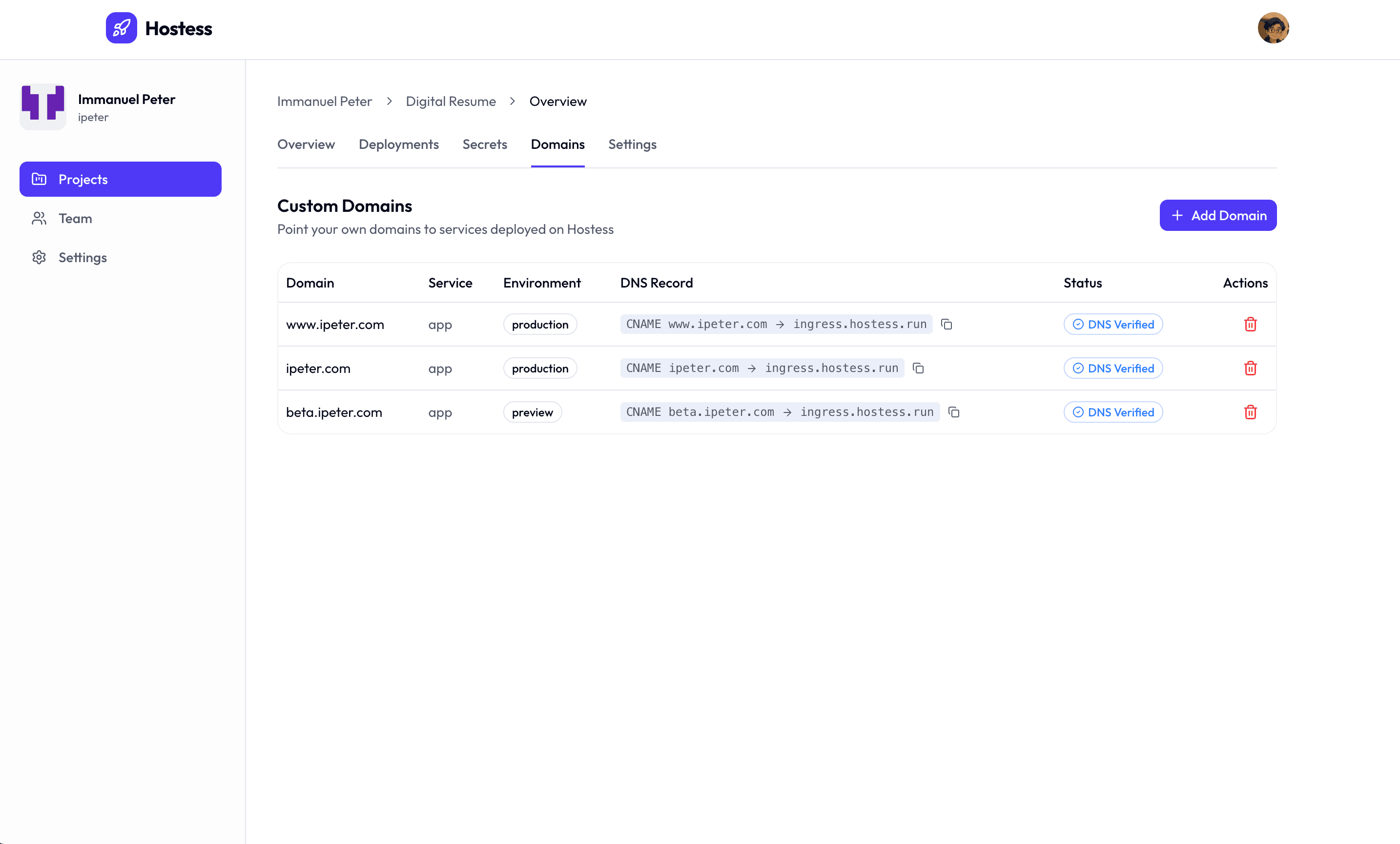 Domains page